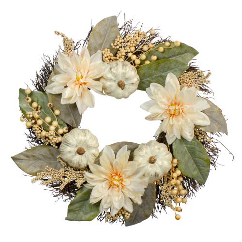 Northlight 22in Dahlia & Pumpkin Fall Artificial Floral Wreath In Multi