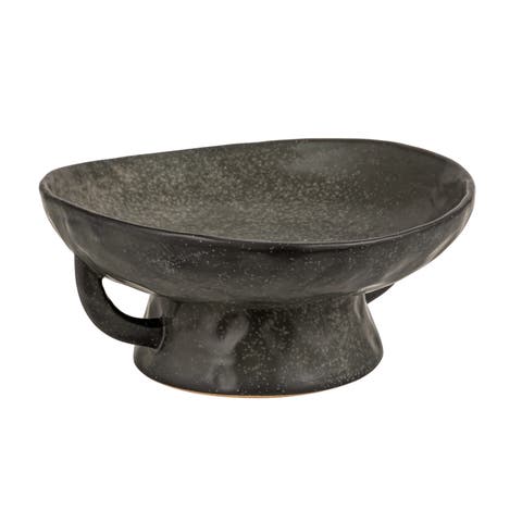 Stoneware Footed Pedestal Bowl with Handles, Reactive Glaze, Black