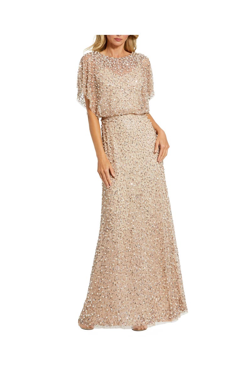 Mac Duggal Petite High Neck Short Sleeve Embellished Gown, Main, color, Nude Gold
