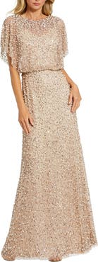 Mac Duggal Petite High Neck Short Sleeve Embellished Gown