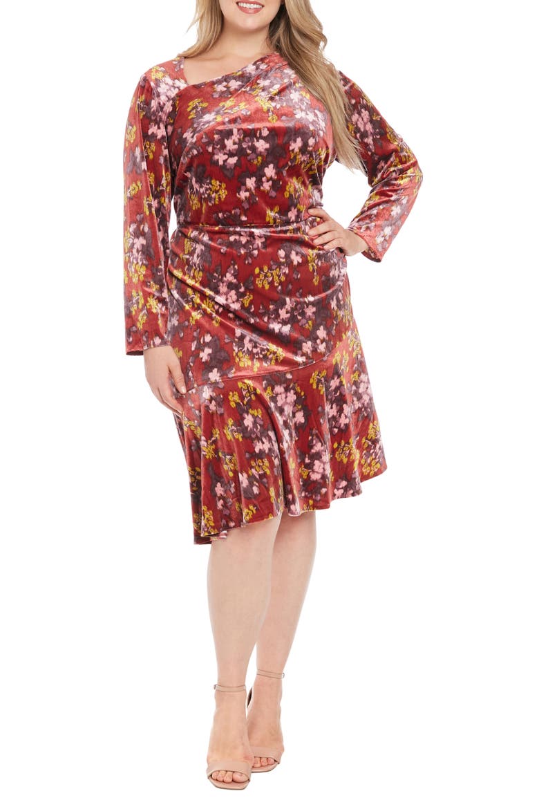 Floral Asymmetric Long Sleeve Velour Midi Dress, Main, color, RED MULTI