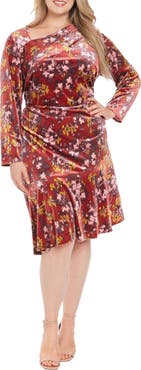 London Times Floral Asymmetric Long Sleeve Velour Midi Dress