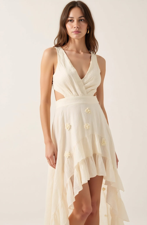 Modenaire High-low Ruffle Hem Dress With Cutout Waist And Wrap Bodice