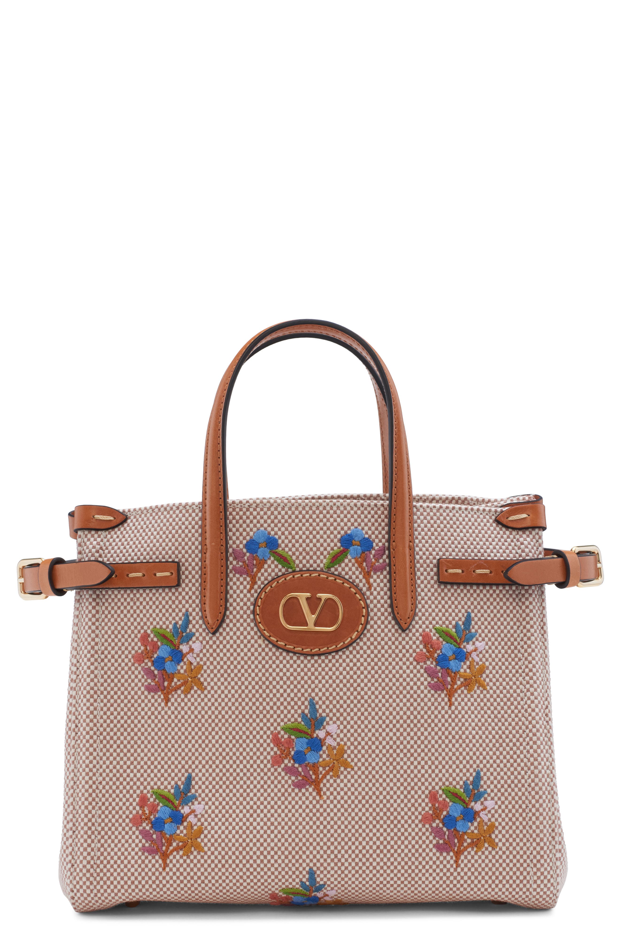 Valentino Garavani Small Antibes Flower Embroidered Canvas Tote, Main, color, Tobacco