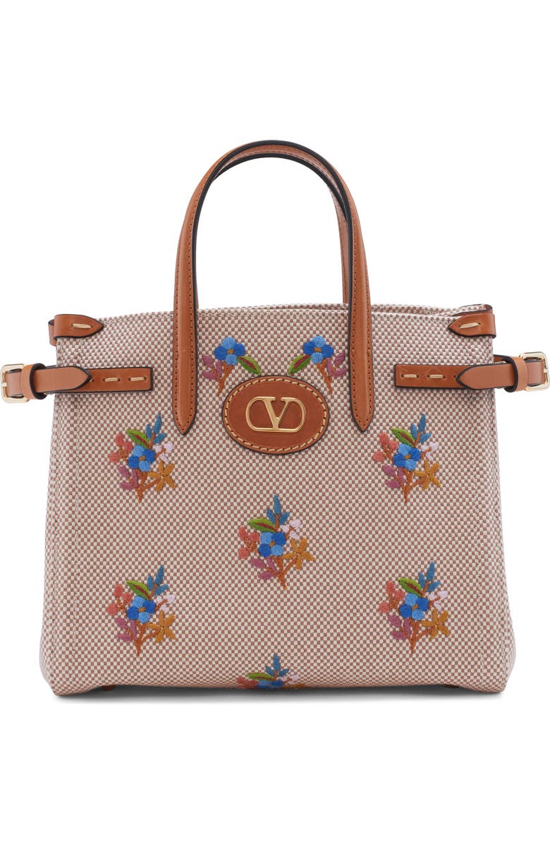 Valentino Garavani Small Antibes Flower Embroidered Canvas Tote, Main, color, Tobacco