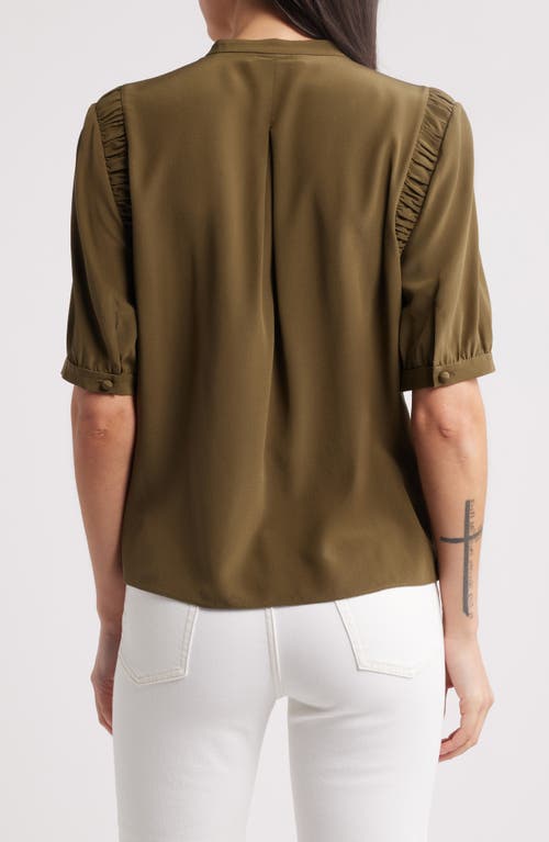 Shop Frame The Silk Gathered Short Sleeve Button-up Shirt In Juniper