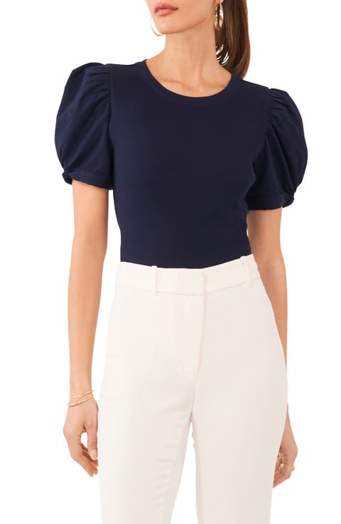 Puff Sleeve Rib Knit T-Shirt