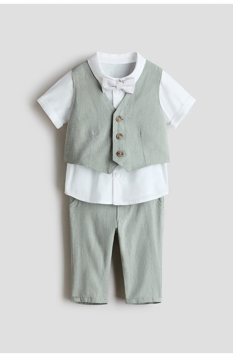 H&M 4-piece Linen-blend Dressy Set, Main, color, Light Khaki Green/White