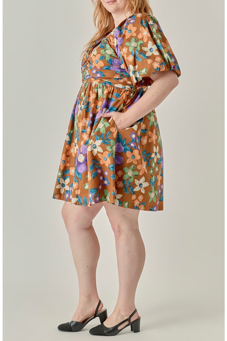 Floral Puff Sleeve Minidress, Alternate, color, BROWN MULTI
