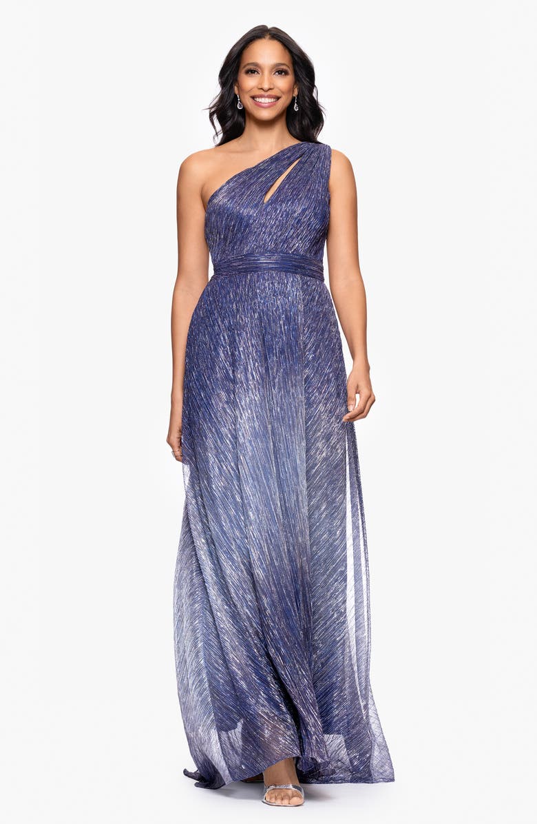 Betsy & Adam Ombré Crinkle Metallic One-Shoulder Gown, Alternate, color, 