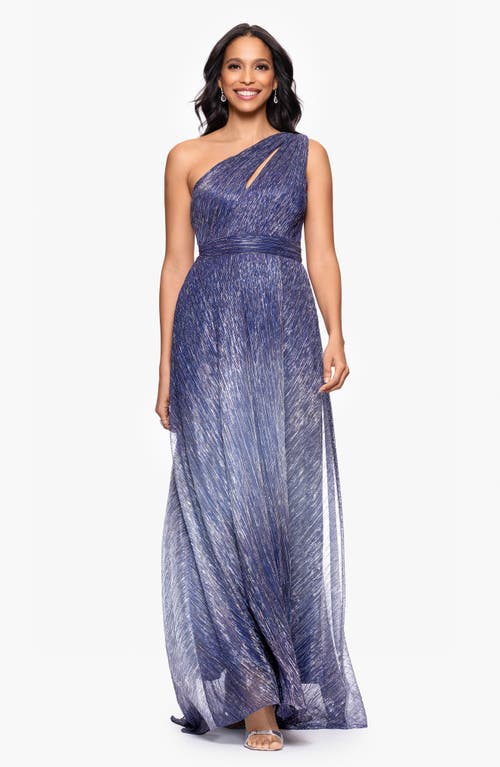 BETSY & ADAM BETSY & ADAM OMBRÉ CRINKLE METALLIC ONE-SHOULDER GOWN 