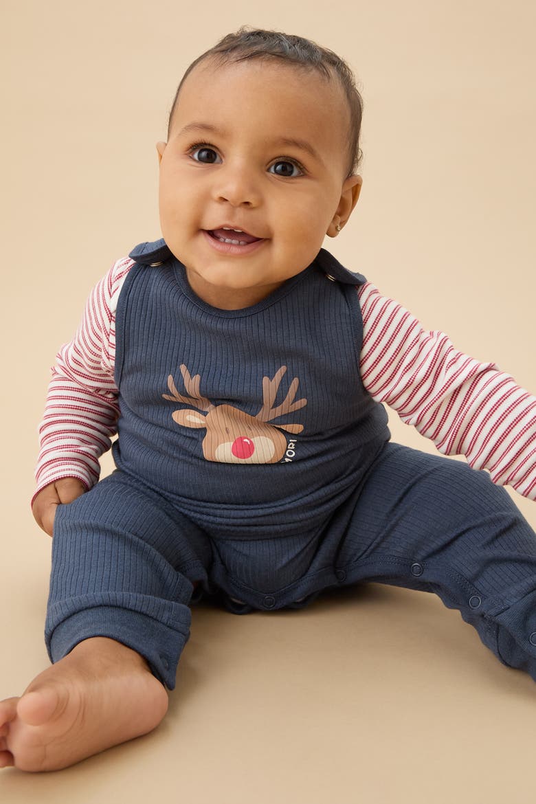 Ribbed Reindeer Romper, Alternate, color, Navy & Reindeer