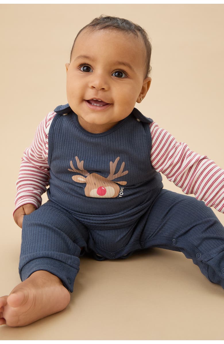 MORI Ribbed Reindeer Romper, Alternate, color, Navy & Reindeer