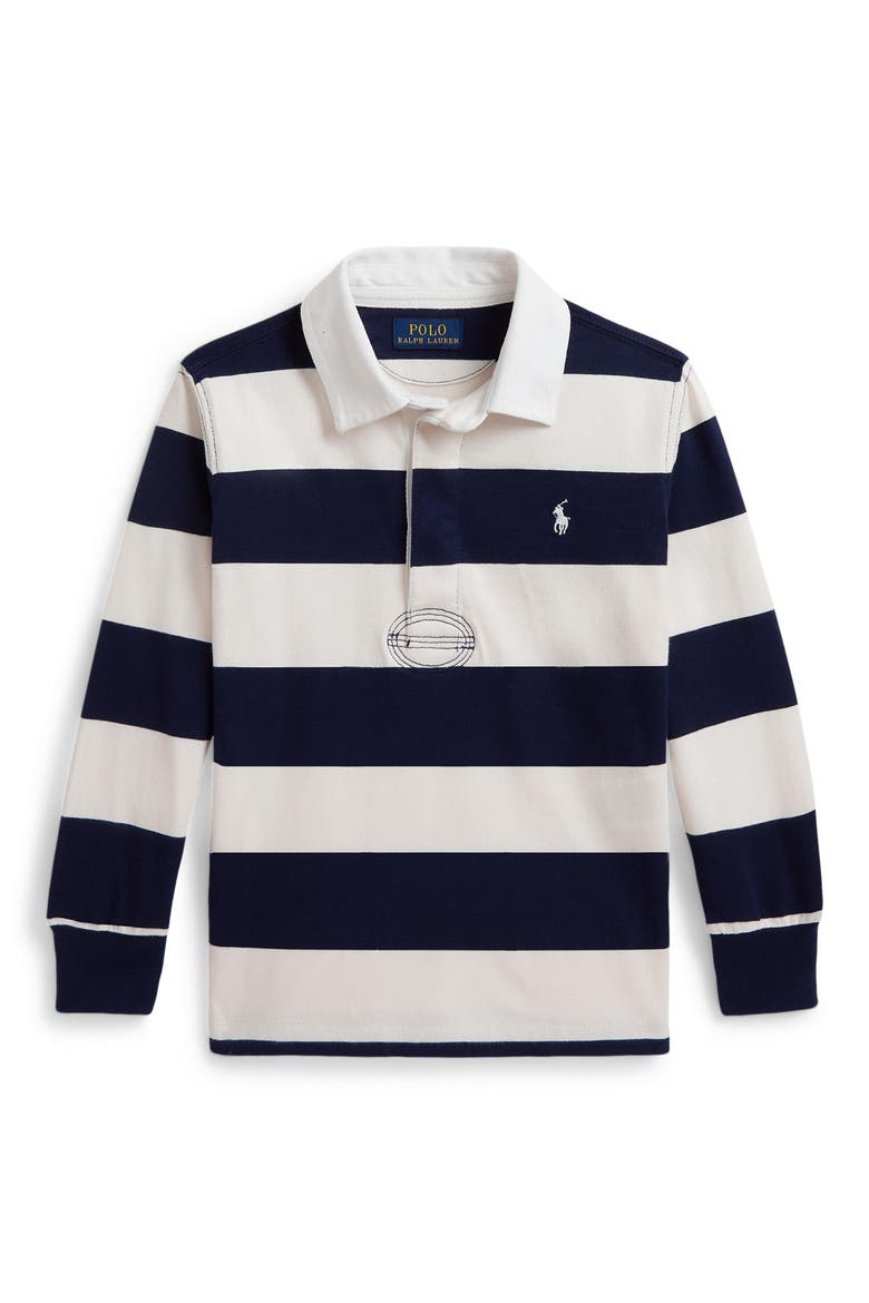 Kids' Stripe Long Sleeve Jersey Rugby Polo, Main, color, REFINED NAVY