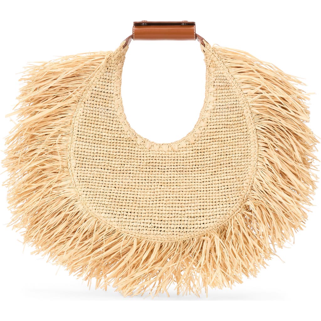 Staud Large Moon Fringe Raffia Top Handle Tote In Natural Fringe