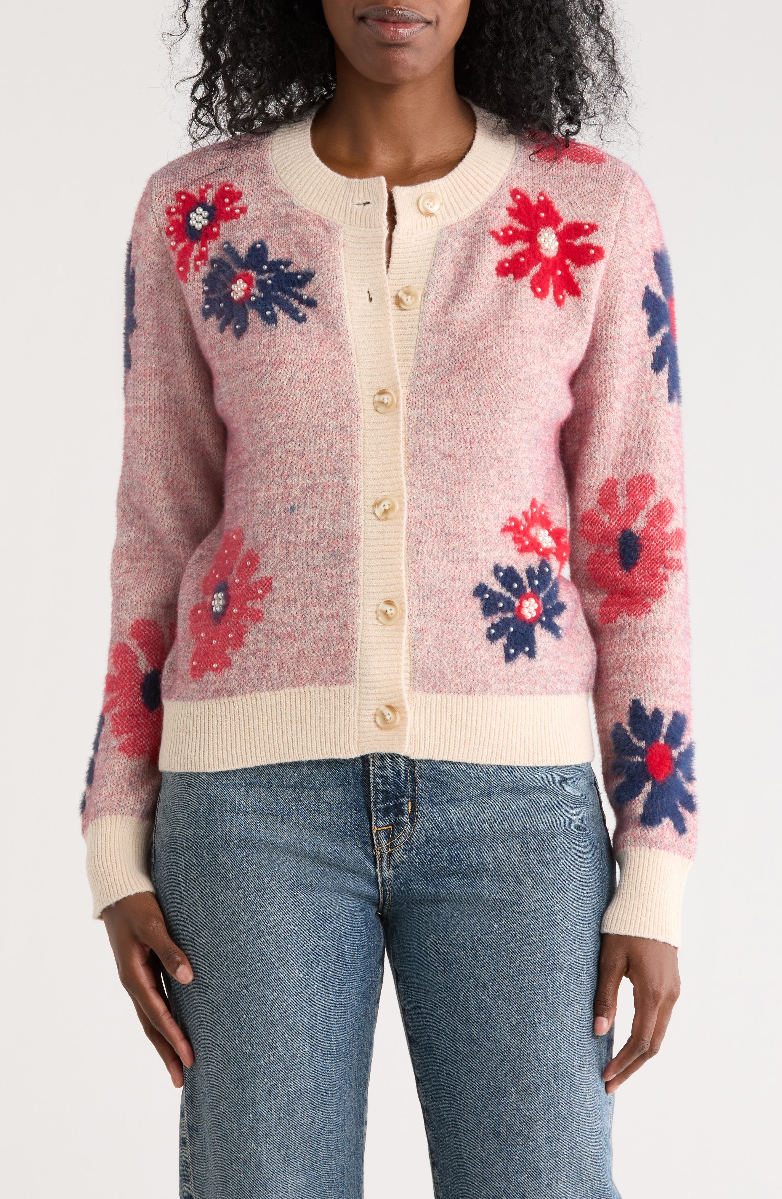 Nicole Miller Floral Beaded Button Front Cardigan