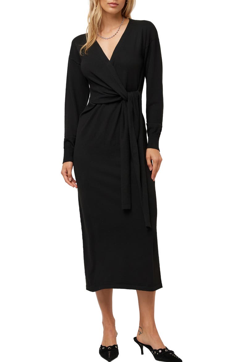Raya Wrap Midi Sweater Dress, Main, color, BLACK
