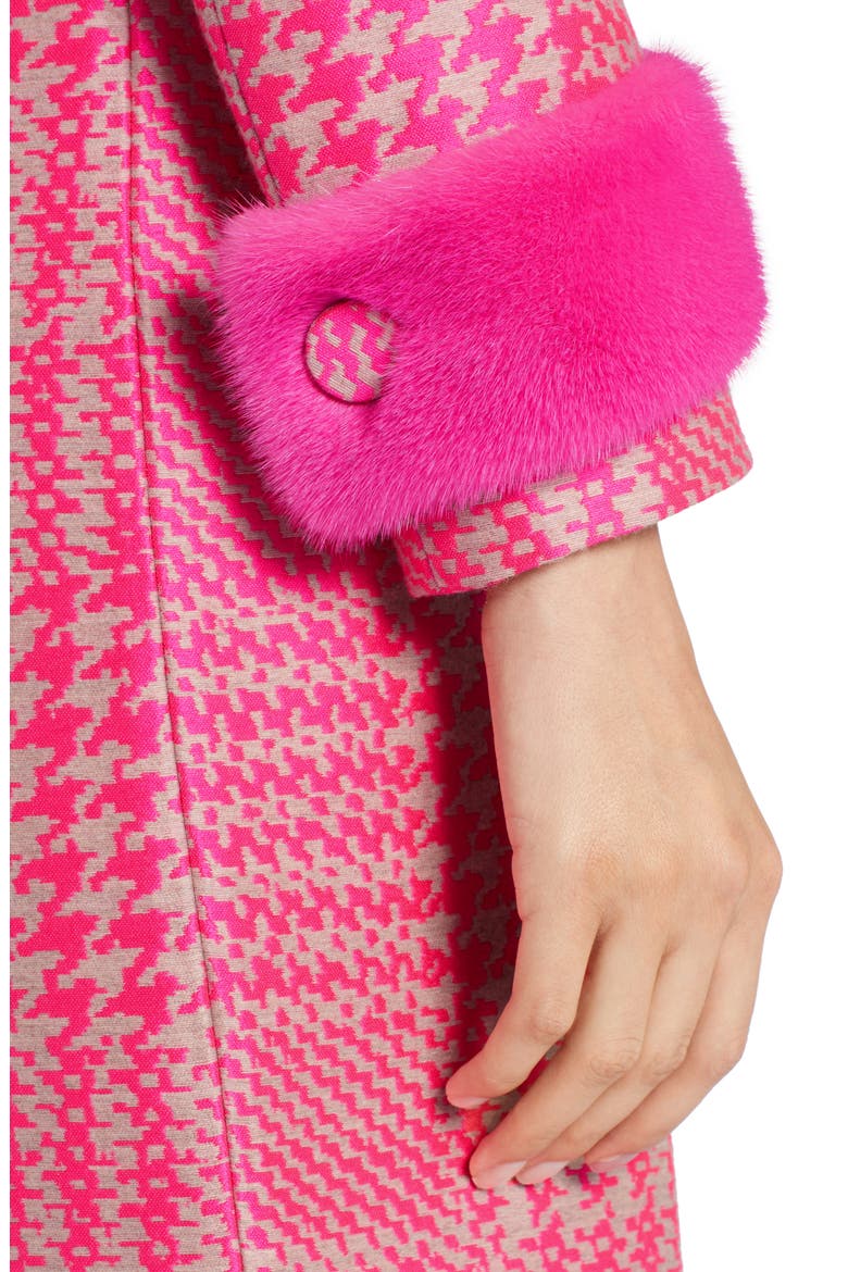 Pop Genuine Mink Fur Trim Prince of Wales Check Coat, Alternate, color, GLAMOUR PINK