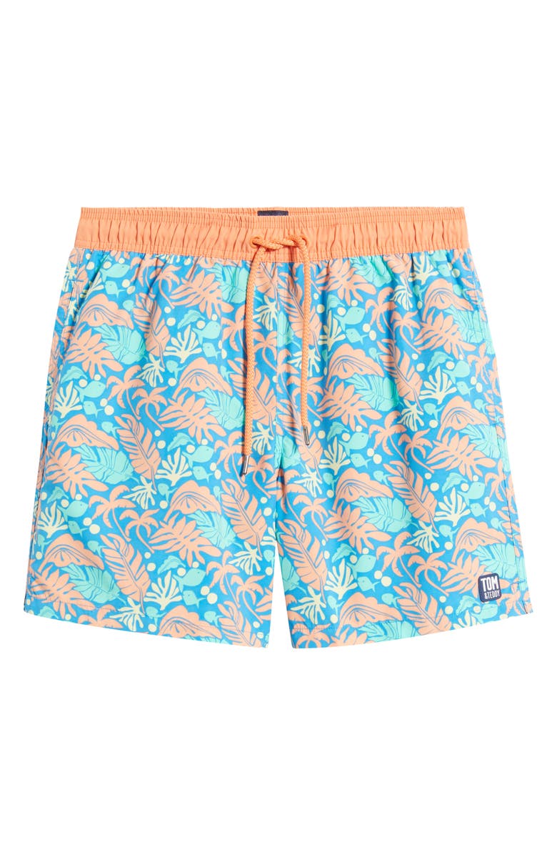 Tom & Teddy Tropical Print Swim Trunks, Alternate, color, Blue Orange