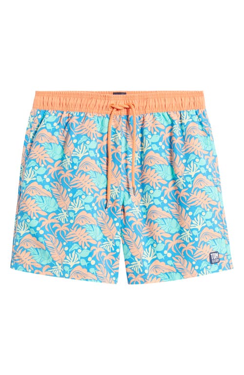 Tom & Teddy Tropical Print Swim Trunks In Blue Orange