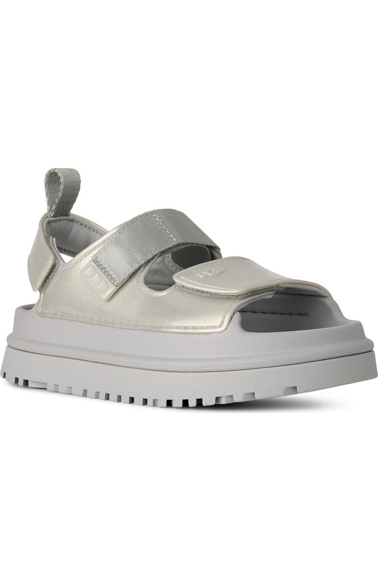 UGG<sup>®</sup> Kids' Goldenglow Glossy Sparkles Water Friendly Sandal, Main, color, Silver