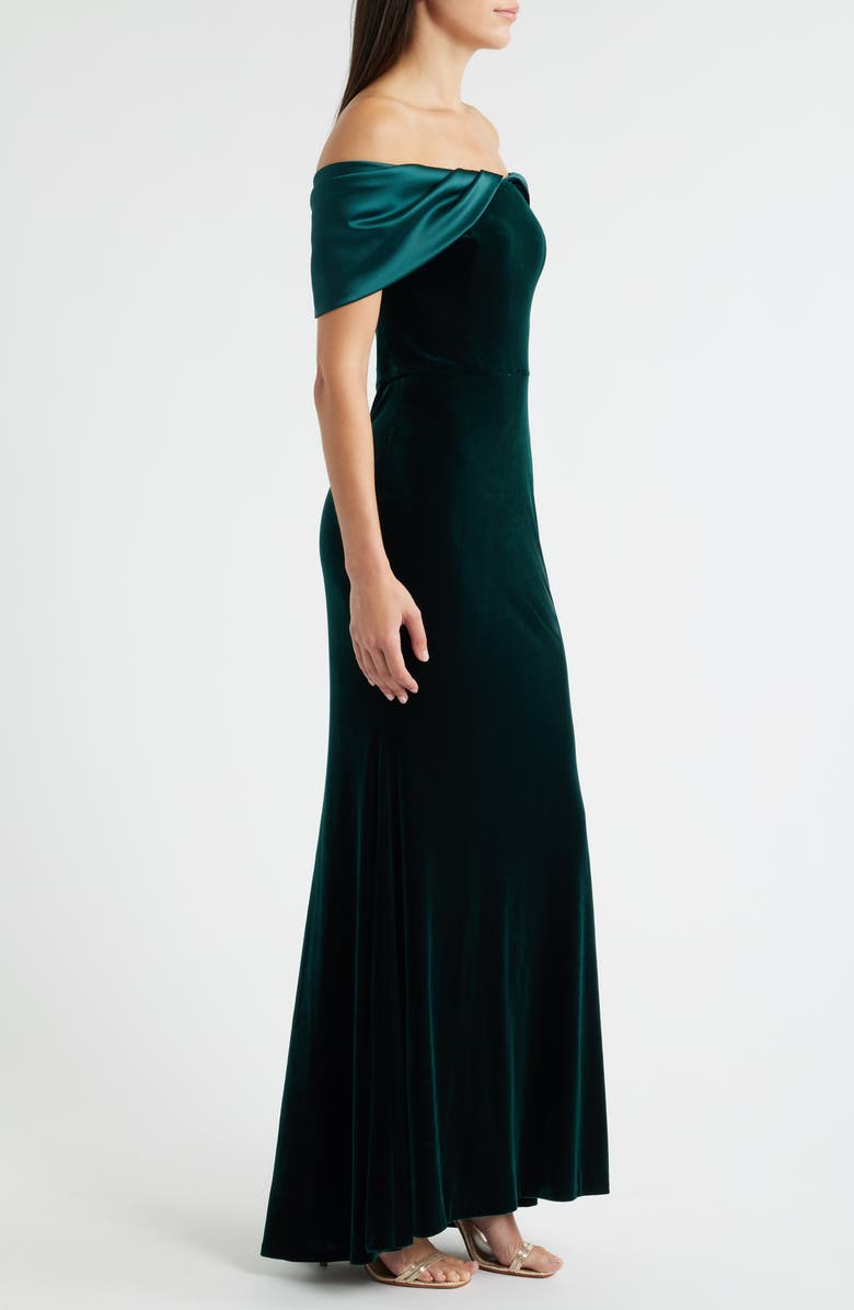 Eliza J Off the Shoulder Satin & Velvet Mermaid Gown, Alternate, color, Hunter