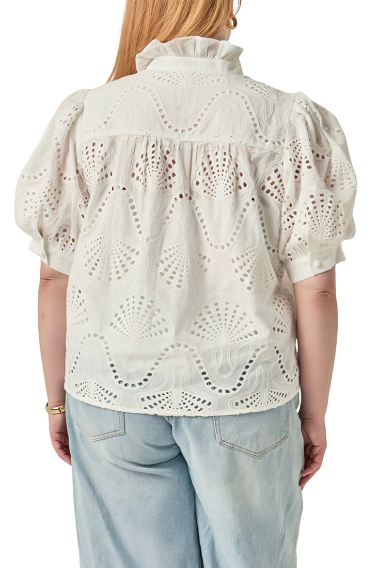Embroidered Ruffle Short Sleeve Eyelet Shirt, Alternate, color, WHITE