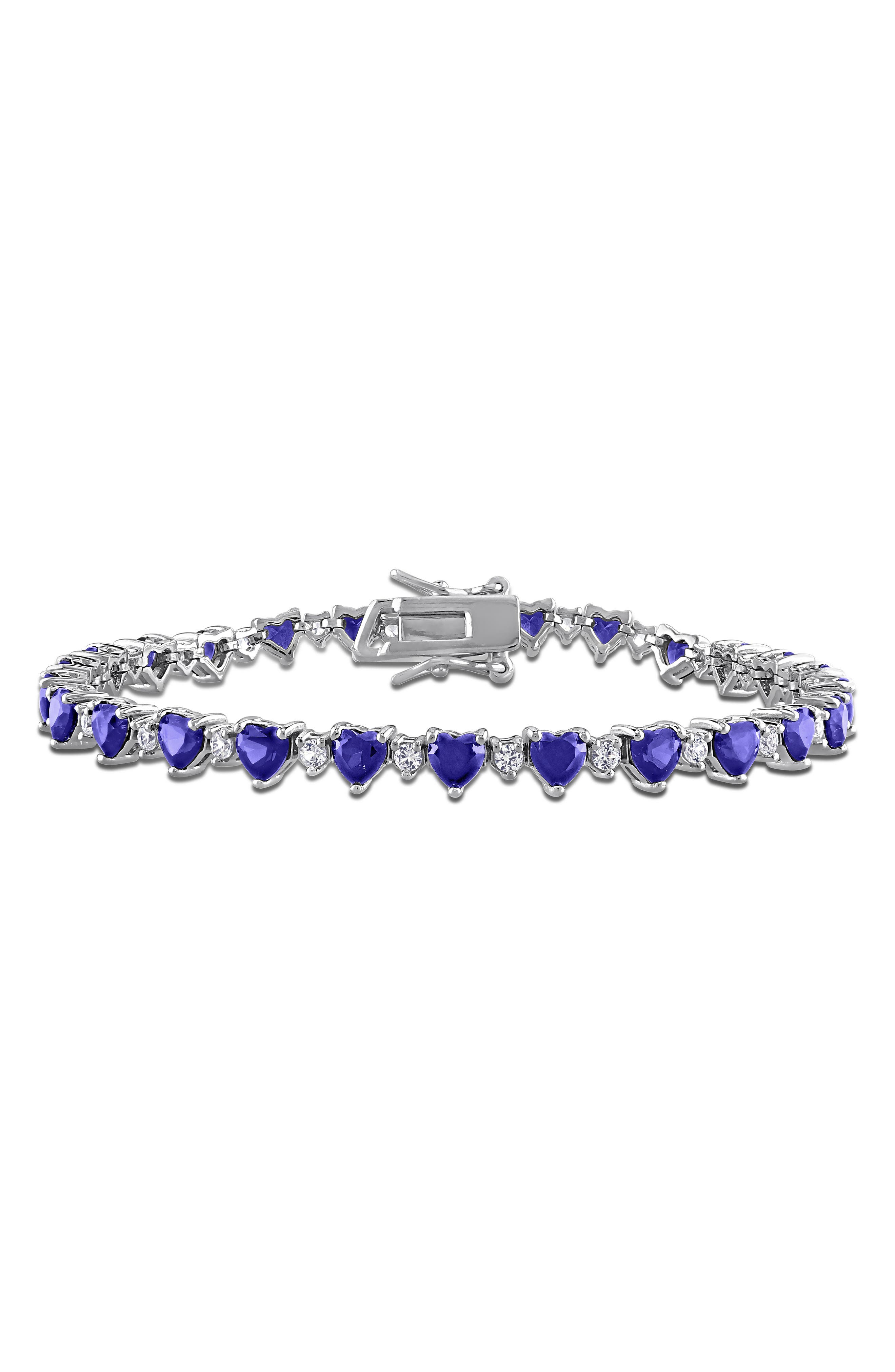 DELMAR Heart Cut Lab Created Blue Sapphire & White Sapphire Tennis Bracelet