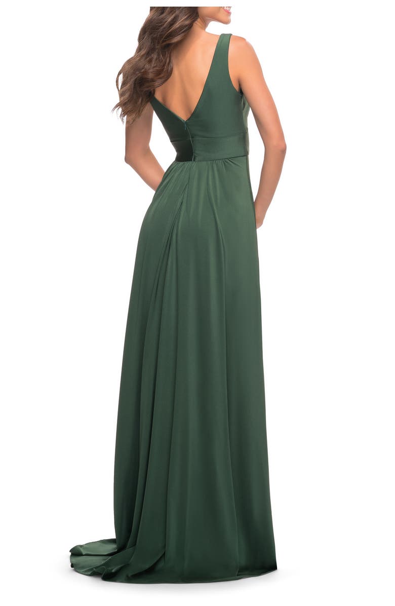 La Femme Empire Waist Gown with Deep V Neckline, Alternate, color, Emerald