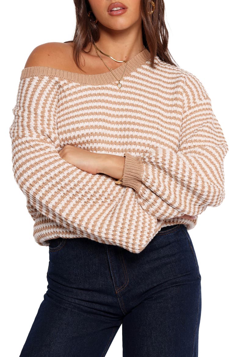 Becca Stripe One-Shoulder Sweater, Main, color, TAN
