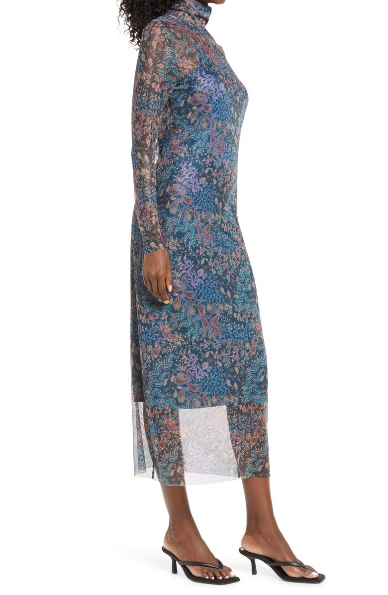 Open Edit Mock Neck Long Sleeve Mesh Midi Dress, Alternate, color, 