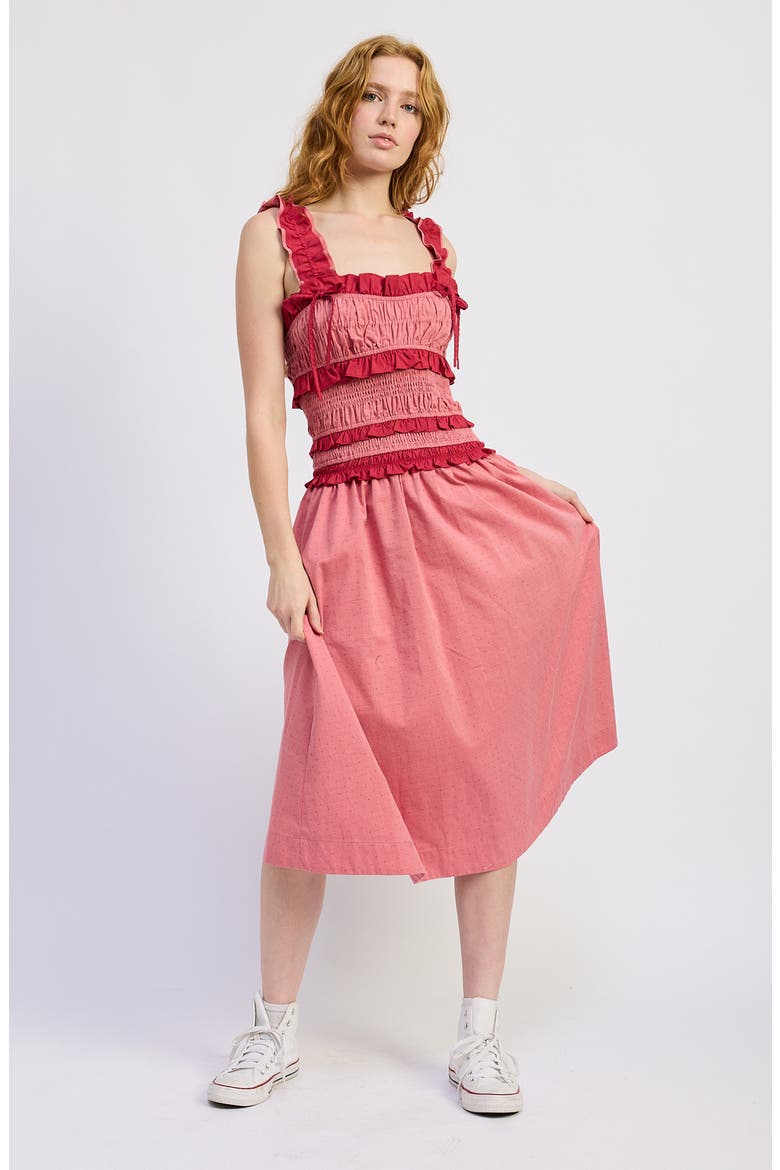 Ada Micro Dot Tiered Ruffle Trim Midi Dress, Alternate, color, RED TONAL