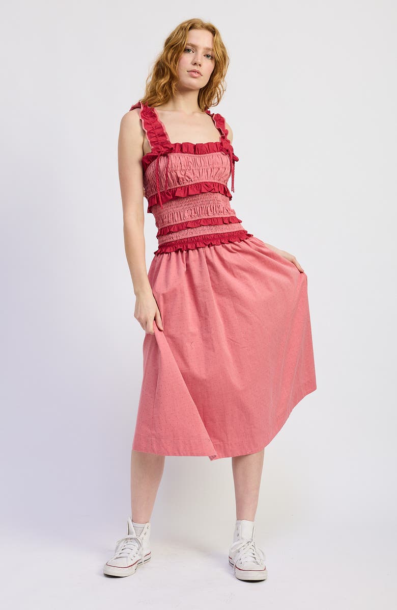 JACQUIE THE LABEL Ada Micro Dot Tiered Ruffle Trim Midi Dress, Alternate, color, Red Tonal