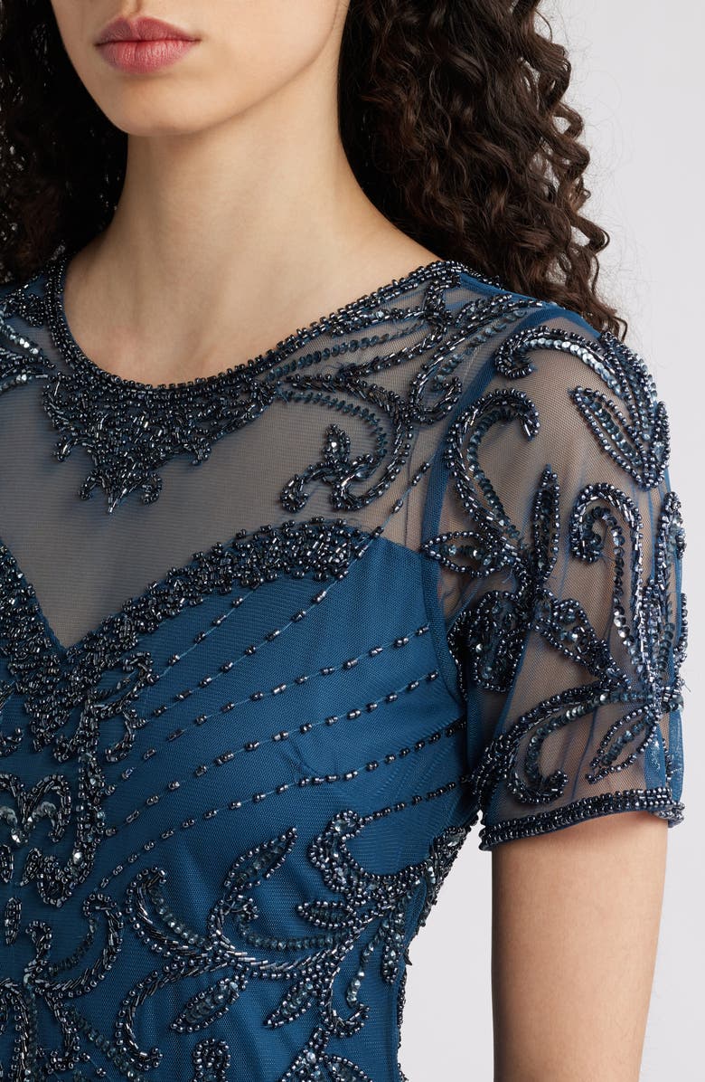 Pisarro Nights Illusion Beaded Mesh Column Gown, Alternate, color, Peacock