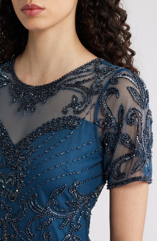 Pisarro Nights Illusion Beaded Mesh Column Gown In Peacock