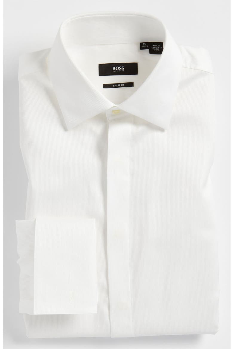 'Marlyn' Sharp Fit Stripe French Cuff Tuxedo Shirt, Main, color, WHITE