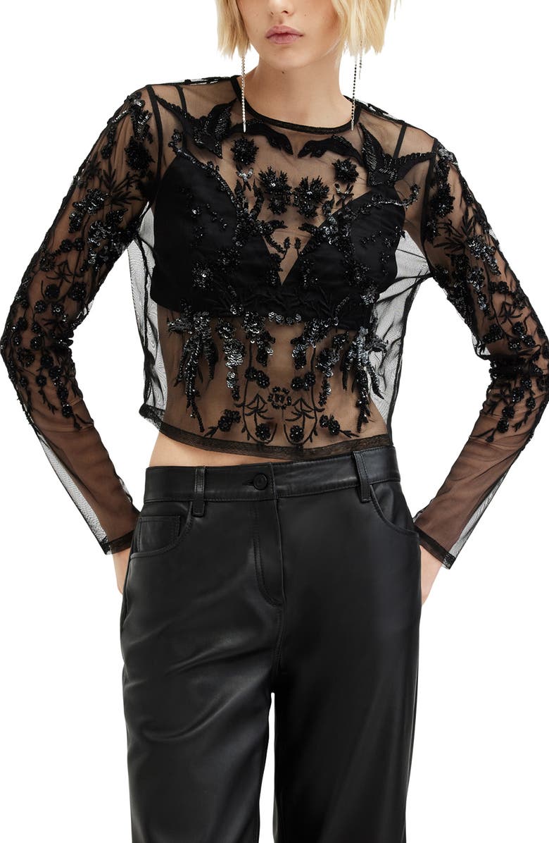 AllSaints Greta Sequin Embroidery Sheer Top, Main, color, Black