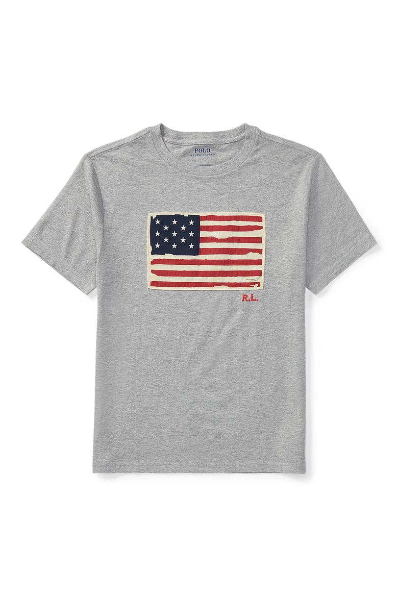 Kids' American Flag Appliqué Cotton T-Shirt, Main, color, ANDOVER HEATHER