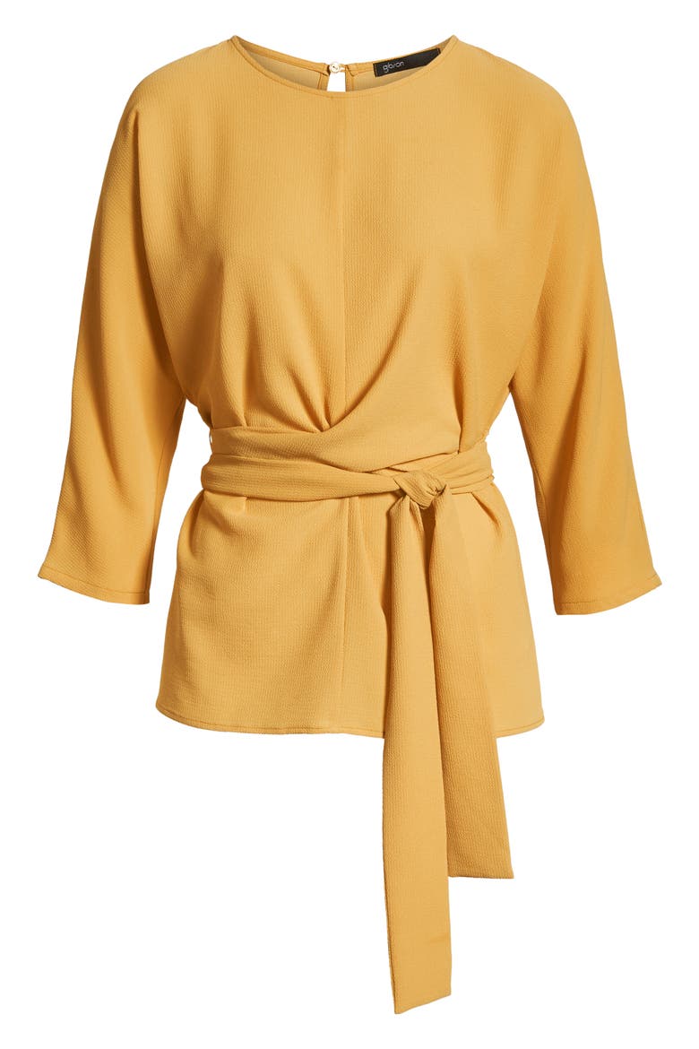 Gibson Dolman Sleeve Tie Back Stretch Crepe Blouse, Alternate, color, GOLDEN MUSTARD