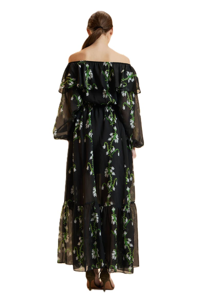 Off Shoulder Silk Maxi Dress, Alternate, color, Black Vine Floral