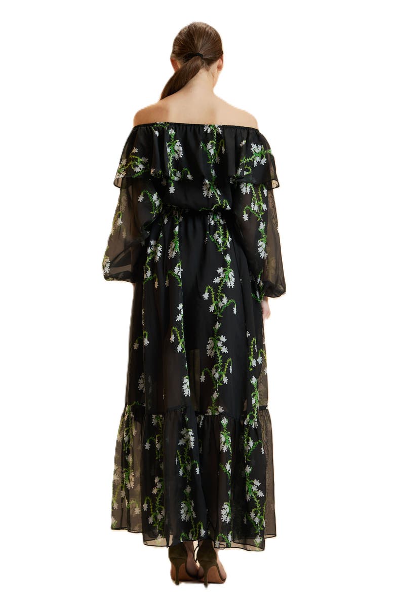 Cynthia Rowley Off Shoulder Silk Maxi Dress, Alternate, color, Black Vine Floral