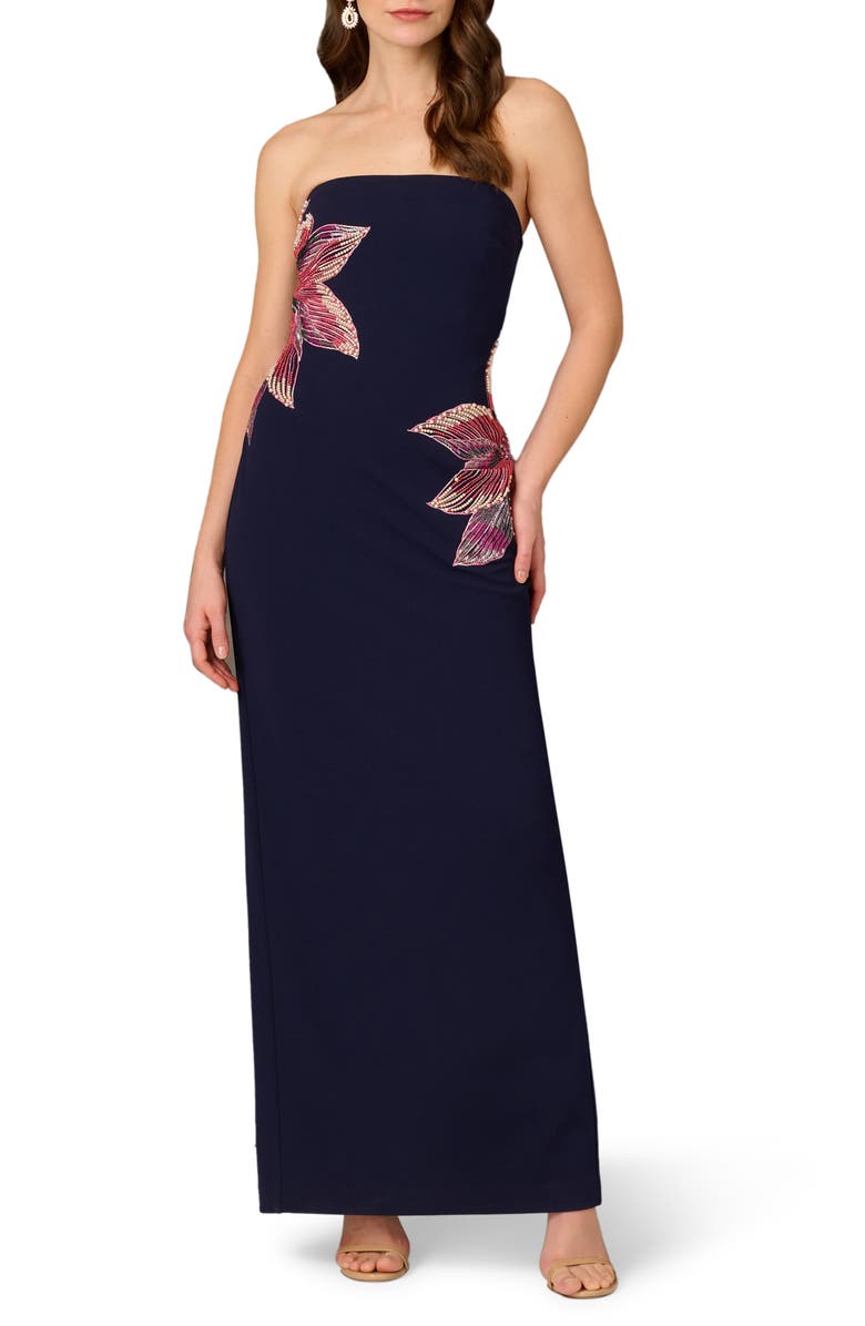 Aidan Mattox by Adrianna Papell Bead Embellished Strapless Column Gown, Main, color, Navy