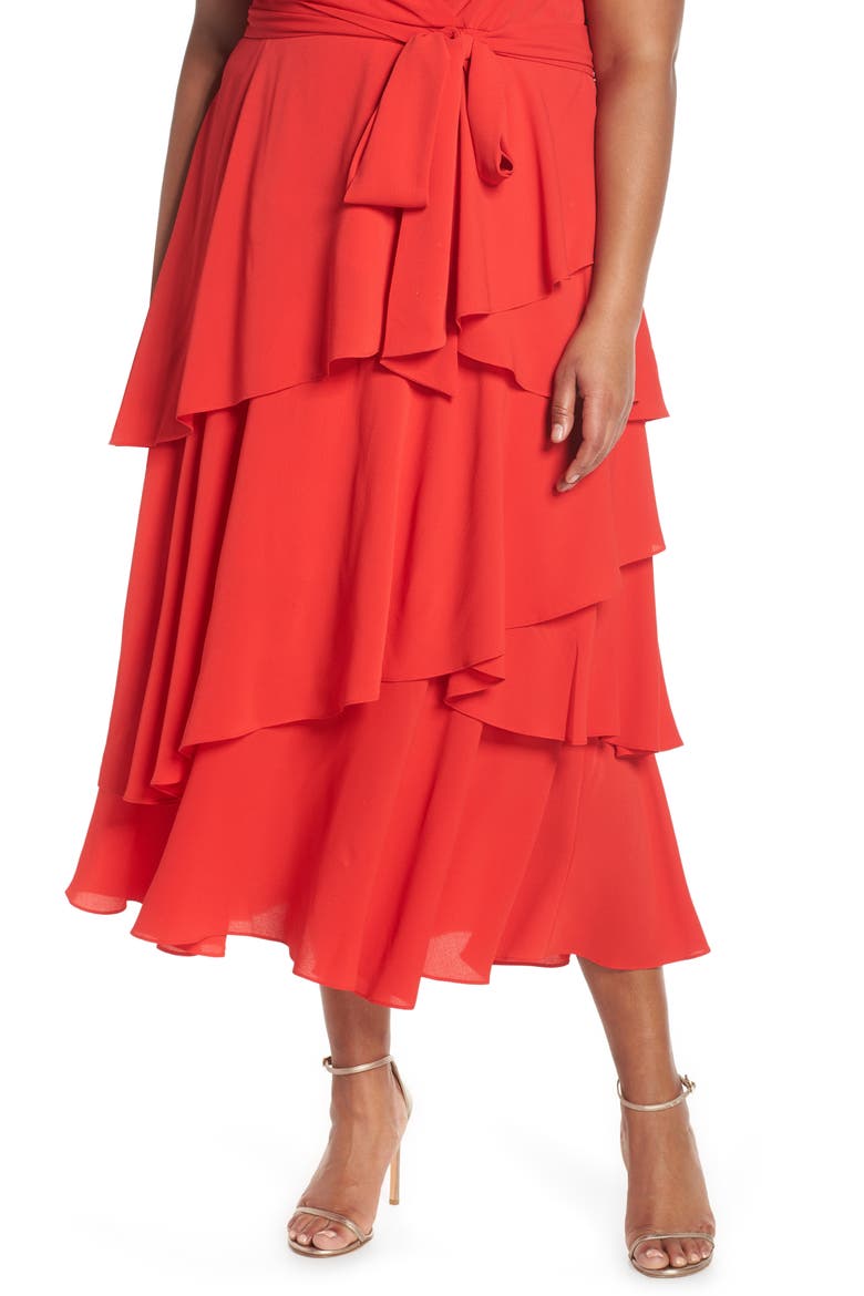 Tiered Faux Wrap Crepe Dress, Alternate, color, TOMATO