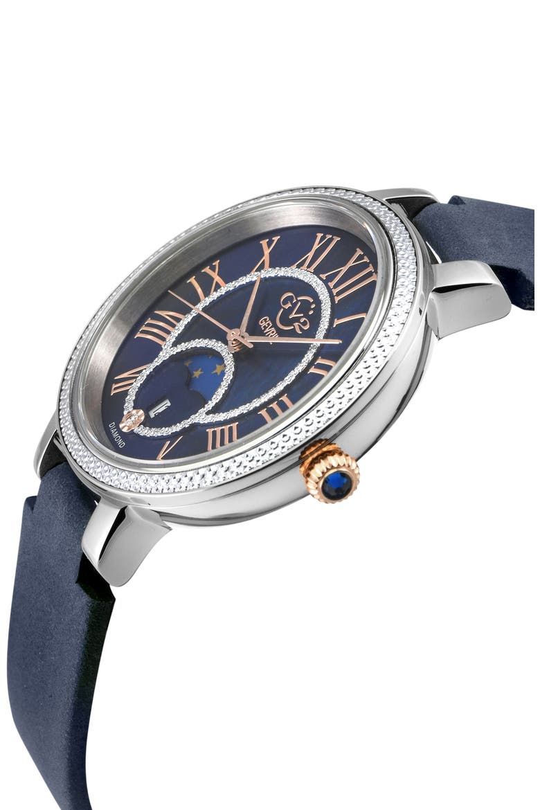 Genoa Diamond Embellished Leather Strap Watch, 37mm, Alternate, color, BLUE