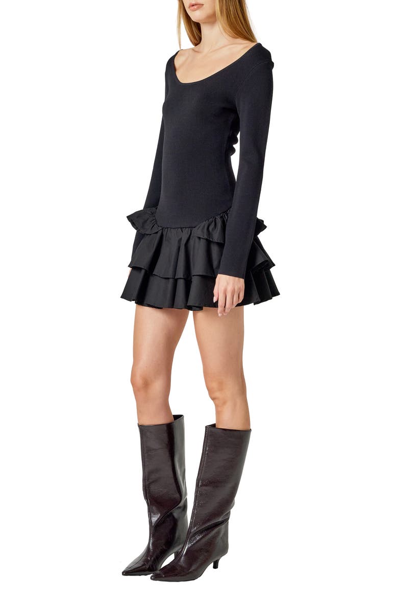 Mixed Media Long Sleeve Minidress, Alternate, color, BLACK