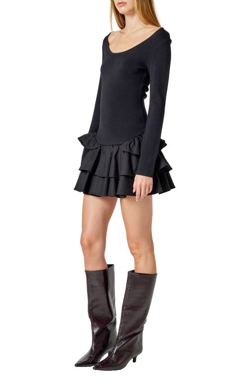 Endless Rose Mixed Media Long Sleeve Minidress In Black