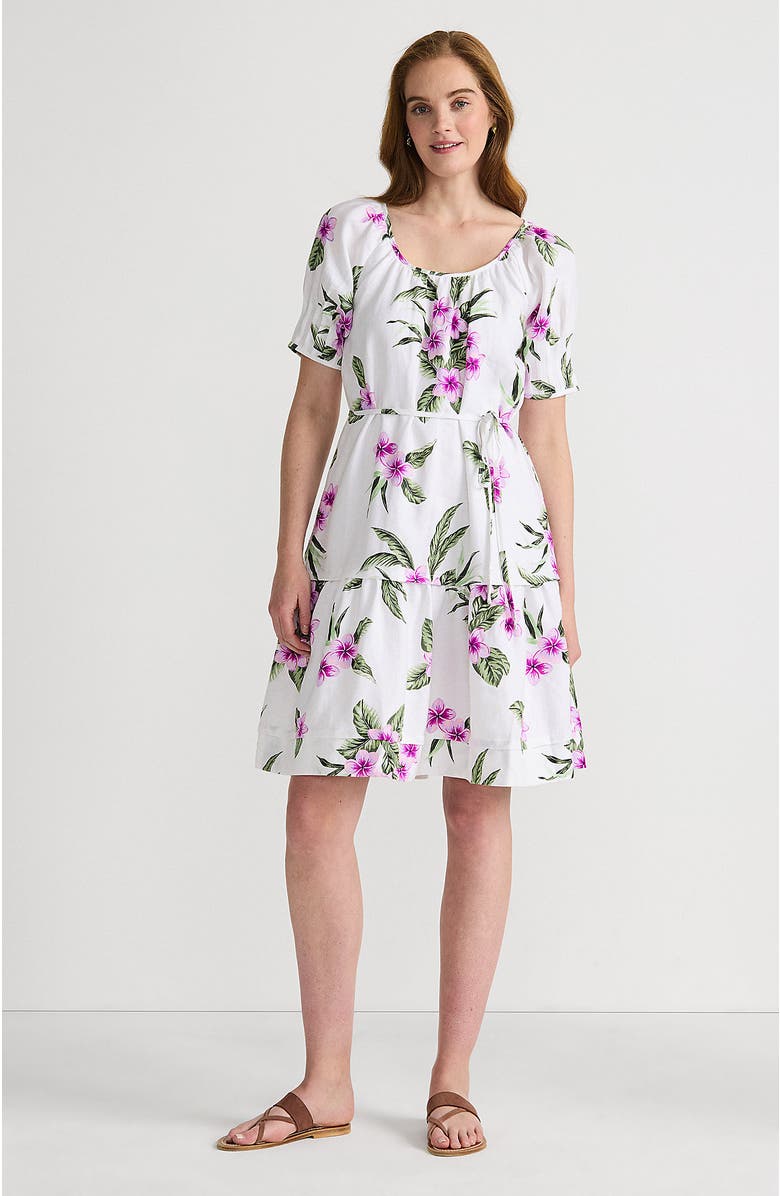 Lands' End Puff Sleeve Pleated Linen Knee Length Dress, Main, color, 