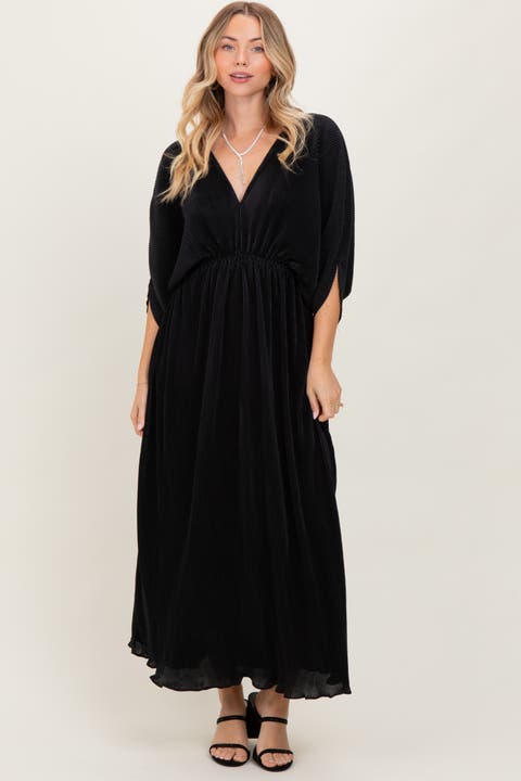 Pleated Satin Dolman Sleeve Maxi Dress