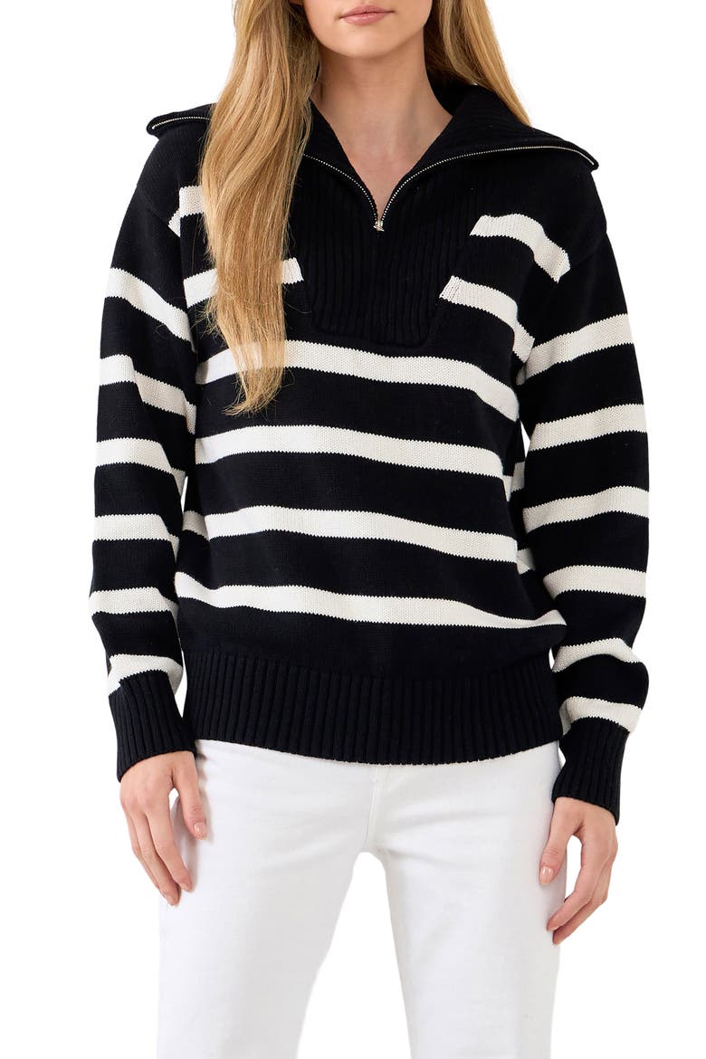 Stripe Cotton Zip Pullover, Main, color, BLACK