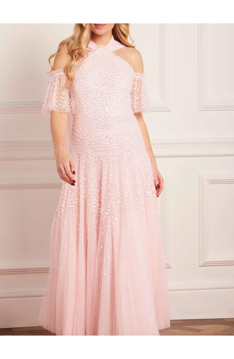 Needle & Thread Scallop Sequin Halter-Neck Ankle Gown, Alternate, color, Seashell